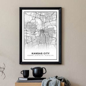 Kansas City Map Print Gerahmte Leinwand Wandkunst Poster USA Map Print Schwarzweiße US Map Art Poster City Street Straßenkarte