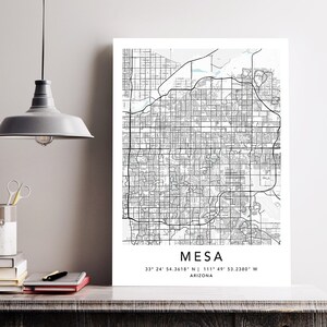 Impression de carte Mesa encadrée, toile, affiche d'art murale, carte des États-Unis, impression noir et blanc, carte des États-Unis, affiche d'art, rue de la ville, carte routière