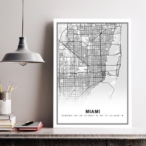 Miami Map Print Gerahmte Leinwand Wandkunst Poster USA Map Print Schwarzweiße US Map Kunstposter City Street Straßenkarte