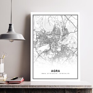 Agra Map Print Gerahmte Leinwand Wandkunst Poster India Map Prints with Frame World Map Art Poster City Street Road Map
