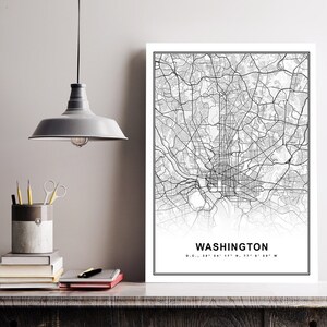 Washington kaart afdrukken ingelijste canvas muurkunst poster kaart van de Verenigde Staten zwart-wit afdrukken VS kaart kunstposter stadsstraat wegenkaart