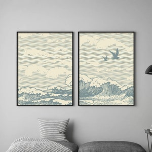 Juego de 2 impresiones de arte minimalista con líneas oceánicas, arte de pared con galería costera bohemia, decoración de casa de playa, lienzo en tonos terrosos, póster azul enmarcado