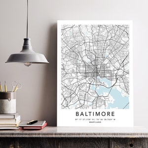 Baltimore Map Print Gerahmte Leinwand Wandkunst Poster USA Map Print Schwarzweiße USA-Karte Kunstposter City Street Straßenkarte