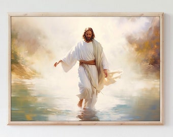Puede incluir: Una pintura enmarcada de un hombre con una túnica blanca caminando sobre el agua. La pintura tiene un fondo azul claro con nubes y un brillo dorado. El hombre camina hacia el lado derecho de la pintura.