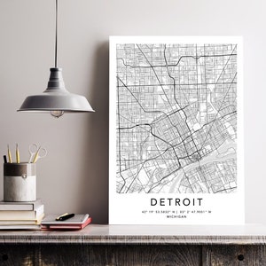 Detroit Map Print Gerahmte Leinwand Wandkunst Poster USA Map Print Schwarzweiße USA Map Art Poster City Street Straßenkarte