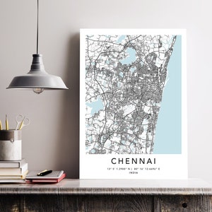 Chennai Kartendruck Gerahmte Leinwand Wandkunst Poster Indien Karte Drucke mit Rahmen Weltkarte Kunstplakat Stadtstraße Straßenkarte