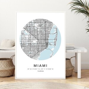 Miami Map Print Gerahmte Leinwand Wandkunst Poster USA Map Print Schwarzweiße US Map Kunstposter City Street Straßenkarte