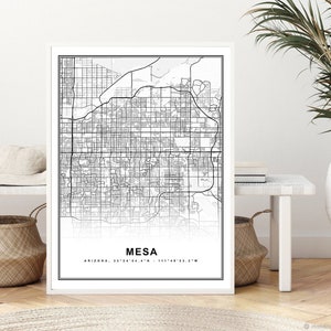 Impression de carte Mesa encadrée, toile, affiche d'art murale, carte des États-Unis, impression noir et blanc, carte des États-Unis, affiche d'art, rue de la ville, carte routière