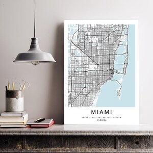 Miami Map Print Gerahmte Leinwand Wandkunst Poster USA Map Print Schwarzweiße US Map Kunstposter City Street Straßenkarte