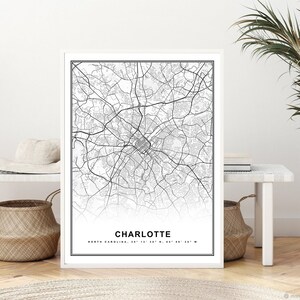 Charlotte Map Print Framed Canvas Wall Art Poster United States Map Print Black and White USA Map Art Poster City Street Road Map