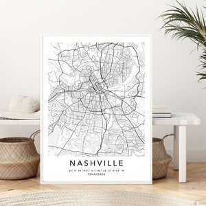 Nashville Map Print Gerahmte Leinwand Wandkunst Poster USA Map Print Schwarzweiße USA Map Art Poster City Street Straßenkarte