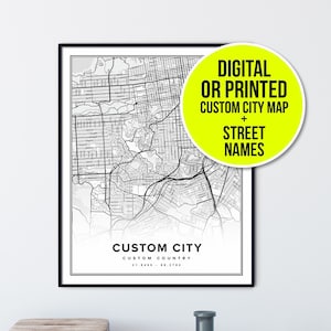 Mapa personalizado da cidade com nomes de ruas, pôster da cidade natal, arte de parede, impressão e moldura, tela, download digital, presente personalizado de dia dos namorados para ela