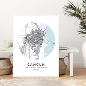 Cancún Map Print Leinwand Wandkunst Poster Mexiko Karte Prints mit Rahmen Weltkarte Kunstposter Stadtstraße Straßenkarte