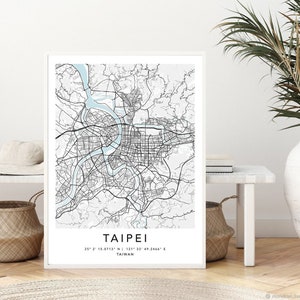 Taipei Kartendruck Leinwand Wandkunst Poster Wandbild Karte Japan mit Rahmen Weltkarte Kunstplakat Stadt Straße Karte