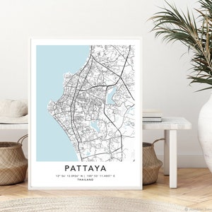 Pattaya Karte Druck Gerahmte Leinwand Wandkunst Poster Thailand Karte Drucke mit Rahmen Weltkarte Kunstplakat Stadtstraße Straßenkarte