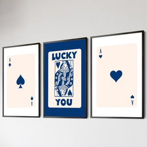 Lucky You Ace Spades, lot de 3 impressions coeurs bleus bohème rétro, décoration beige crème, galerie minimaliste amusante, art mural, toile, affiche encadrée