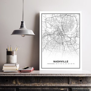 Nashville City Map Print Gerahmte Leinwand Wandkunst Poster USA Map Print Schwarz und Weiß USA Map Art Poster City Street Straßenkarte