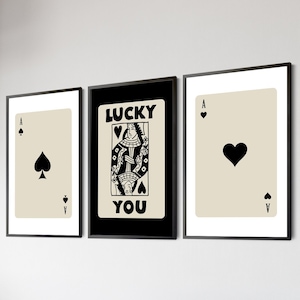 Juego de 3 cartas Lucky You Ace Spades con estampados retro de corazones negros, estilo bohemio, crema y beige, arte de pared minimalista divertido, galería, póster enmarcado en lienzo