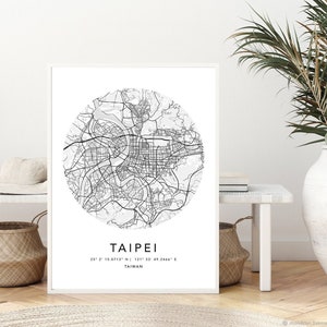 Taipei Kartendruck Leinwand Wandkunst Poster Wandbild Karte Japan mit Rahmen Weltkarte Kunstplakat Stadt Straße Karte