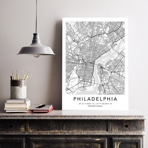 Póster de arte de pared en lienzo enmarcado con impresión de mapa de Filadelfia Impresión de mapa de Estados Unidos Póster de arte de mapa de EE. UU. en blanco y negro Mapa de calles de la ciudad