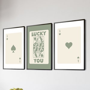 Zestaw kart Lucky You Ace 3 Vintage Retro Boho Sage Green Prints Cream Beige Decor Funny Minimalistic Gallery Wall Art Canvas Framed Poster