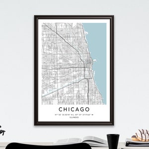 Impression de carte de Chicago encadrée, toile, affiche d'art mural, impression de carte de la ville des États-Unis, avec cadre, affiche d'art de carte des États-Unis, carte des rues de la ville, carte routière