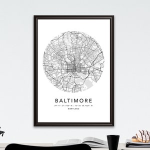 Baltimore Map Print Gerahmte Leinwand Wandkunst Poster USA Map Print Schwarzweiße USA-Karte Kunstposter City Street Straßenkarte