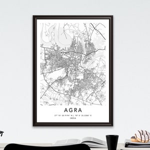 Agra Map Print Gerahmte Leinwand Wandkunst Poster India Map Prints with Frame World Map Art Poster City Street Road Map