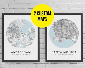 Personalized Set of 2 Any City Map Prints Custom Locations Home Town Print Canvas Frame First Anniversary Valentines Day Gift Digital Prints