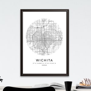 Wichita Map Print Gerahmte Leinwand Wandkunst Poster USA Map Print Schwarzweiße USA Map Art Poster City Street Straßenkarte