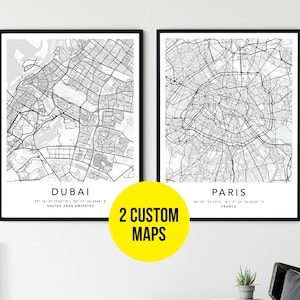 Personalized Set of 2 Any City Map Prints Custom Locations Home Town Print Canvas with Frame First Anniversary Gift Digital Printed