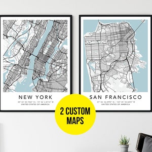 Conjunto personalizado de 2 impressões de mapas de qualquer cidade, locais personalizados, impressão de cidade natal, tela com moldura, presente de primeiro aniversário, impressão digital