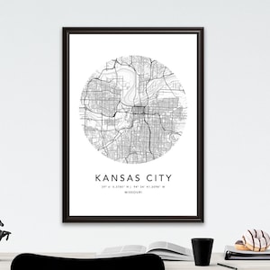 Kansas City Map Print Gerahmte Leinwand Wandkunst Poster USA Map Print Schwarzweiße US Map Art Poster City Street Straßenkarte