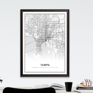 Tampa Map Print Gerahmte Leinwand Wandkunst Poster USA Map Print Schwarzweiße USA-Karte Kunstposter City Street Straßenkarte