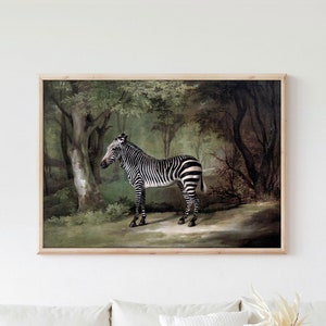 Vintage Zebra Print Antique Oil Painting Canvas Africa Poster Giclee Framed Rustic Cabin Farmhouse Dark Moody Wall Art Country Room Decor