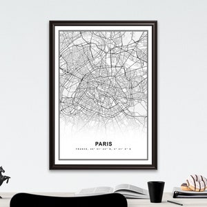 Paris Karte Print Gerahmte Leinwand Wandkunst Poster Frankreich Stadt Karte Prints mit Rahmen Weltkarte Kunstposter Stadtstraße Straßenkarte