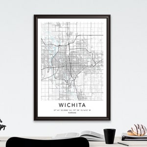 Wichita Map Print Gerahmte Leinwand Wandkunst Poster USA Map Print Schwarzweiße USA Map Art Poster City Street Straßenkarte