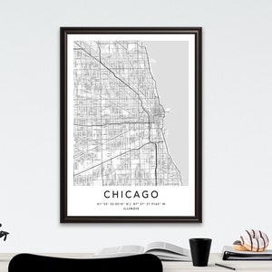 Póster de arte de pared en lienzo enmarcado con impresión de mapa de Chicago, impresión de mapa de Estados Unidos, póster de arte de mapa de EE. UU. en blanco y negro, mapa de carreteras de la ciudad