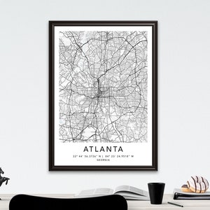 Atlanta Map Print Gerahmte Leinwand Wandkunst Poster USA Map Print Schwarzweiße USA Map Kunstposter City Street Straßenkarte