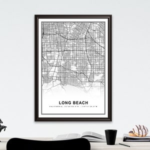 Long Beach Map Print Gerahmte Leinwand Wandkunst Poster USA Map Print Schwarzweiße USA Map Kunstposter City Street Straßenkarte