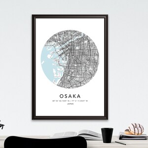 Osaka Karte Druck Gerahmte Leinwand Wandkunst Poster Japan Karte Drucke mit Rahmen Weltkarte Kunstplakat Stadt Straße Straßenkarte