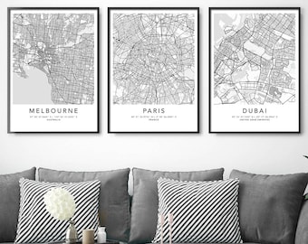 Personalized Set of 3 Any City Map Prints Custom Locations Home Town Print Canvas with Frame First Anniversary Gift Digital Printed