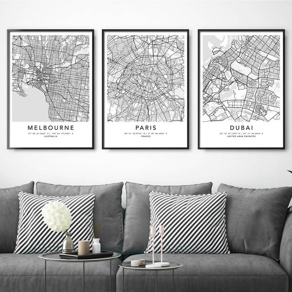 Conjunto personalizado de 3 impresiones de cualquier mapa de la ciudad Ubicaciones personalizadas Lienzo impreso de la ciudad natal con marco Regalo del primer aniversario Impreso digital