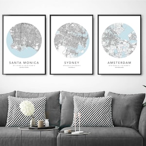 Conjunto personalizado de três impressões de mapas, locais personalizados, mapa da cidade, mapa da cidade natal, impressão em tela com moldura, presente de primeiro aniversário, impressão digital