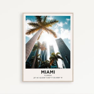 Póster de viaje de Miami, arte de pared de Florida, regalo de moda, impresión vibrante ecléctica, decoración de sala de estar retro, galería de lienzo enmarcado