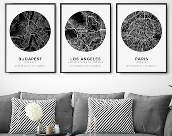 Personalized Set of Three Map Prints Custom Locations City Map Home Town Map Print Canvas with Frame First Anniversary Gift Digital Printed