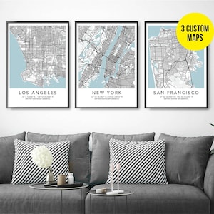Gepersonaliseerde set van 3 stadsplattegronden printen aangepaste locaties geboorteplaats canvas met lijst eerste verjaardag cadeau digitaal gedrukt