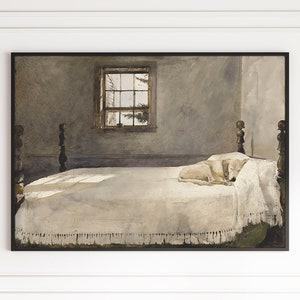 Quarto principal por Andrew Wyeth Cachorro dormindo na cama Impressão em tela giclée Pôster emoldurado Pintura em aquarela Decoração de arte de parede vitoriana vintage