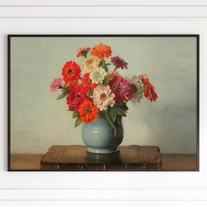 Zinnias en jarrón, naturaleza muerta, flores coloridas, lienzo vintage, póster, pintura enmarcada, arte de pared, decoración botánica antigua de moda para sala de estar