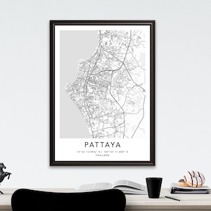 Pattaya Karte Druck Gerahmte Leinwand Wandkunst Poster Thailand Karte Drucke mit Rahmen Weltkarte Kunstplakat Stadtstraße Straßenkarte